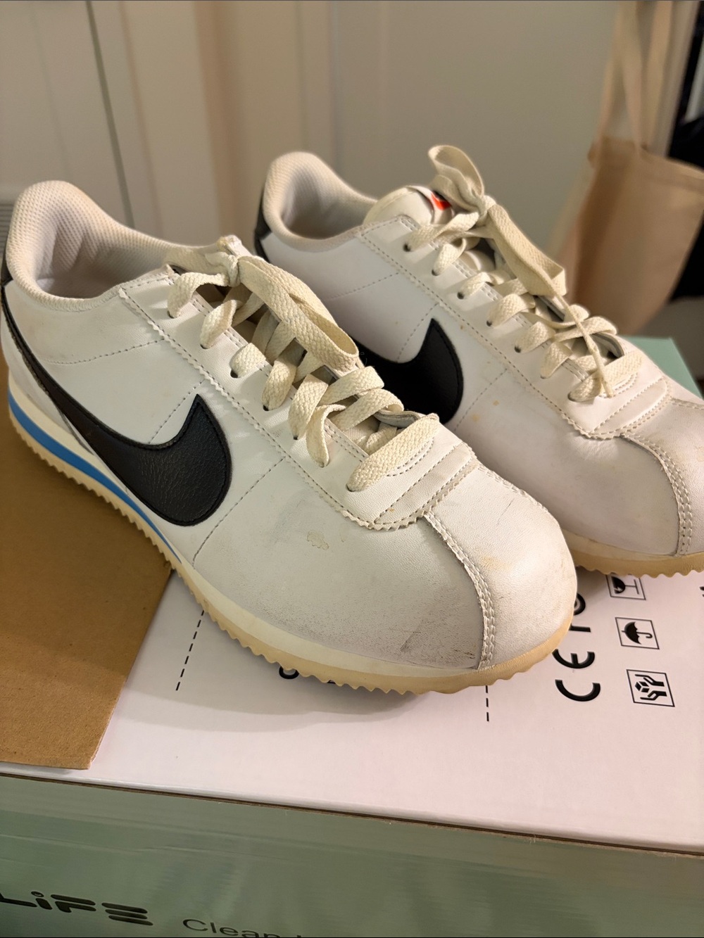 Nike White Sneakers with Black Swoosh and Blue Heel Stripe